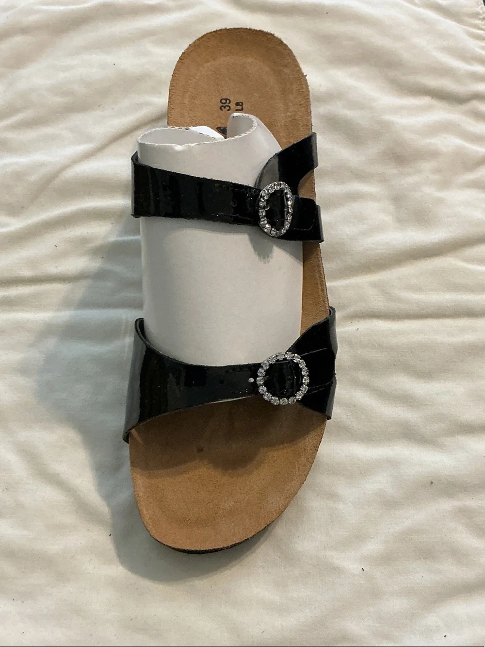 Naot Black Patent Slide Sandal with Rhinestone Rings